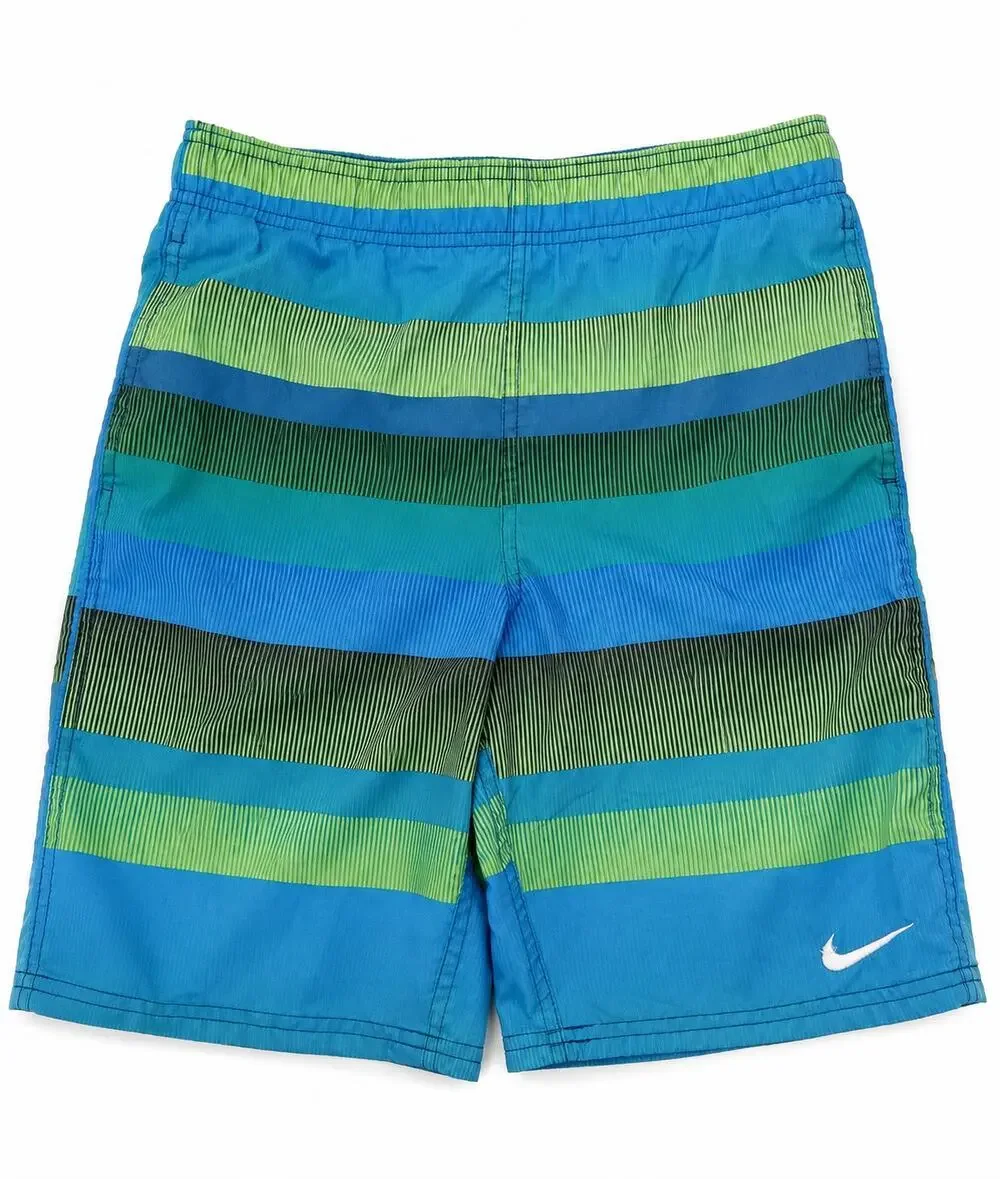 Nike Boys Blue Green Striped Swim Trunks Beach Pool Swimwear, S (8-10 years)
